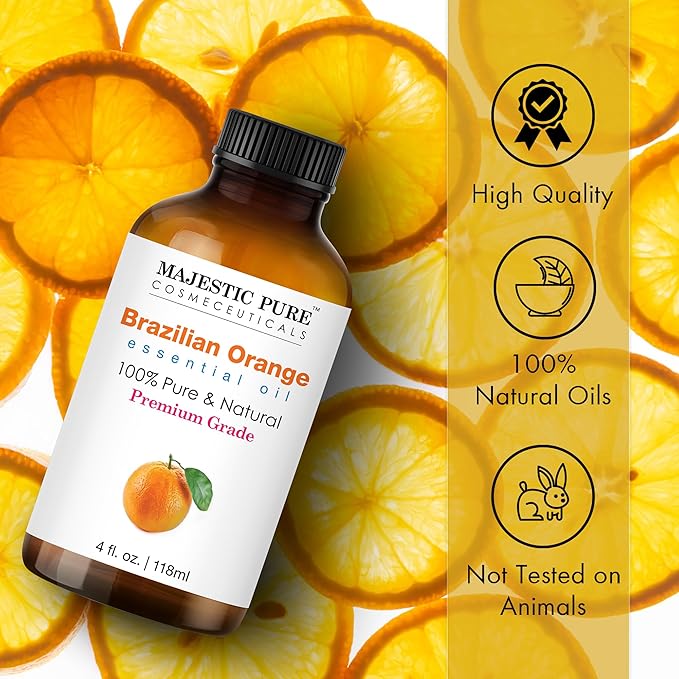 Majestic Pure Essential Oil with Glass Dropper - 100% Pure and Natural - Essential Oils for Diffuser, Aromatherapy, Soap and Candle Making, Brazillian Orange Essential Oil, Orange Oil, 4 Fl Oz