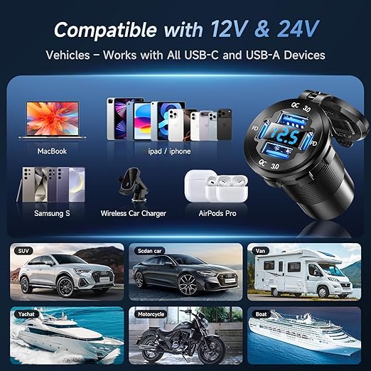 12V USB Charger with 4 Ports, Upgraded Aluminum Alloy Car Outlet with LED Voltmeter Display, for 12/24V Car Golf Cart Boat Marine Bus Truck RV Marine Motorcycle etc. (2PC)
