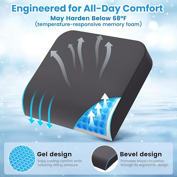 Wheelchair Seat Cushion - Cooling Gel & Memory Foam Office Chair Cushion with Non-Slip Bottom & Washable Cover, Ergonomic Car Seat Pillow for Sciatica, Tailbone, Back Comfort (Grey)