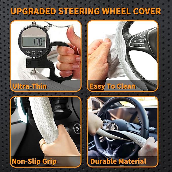 Nappa Leather Steering Wheel Cover, Universal 15 Inch Snap On Car Steering Wheel Cover for Men/Women, Comfortable & Breathable Microfiber Car Accessories Interior (White)