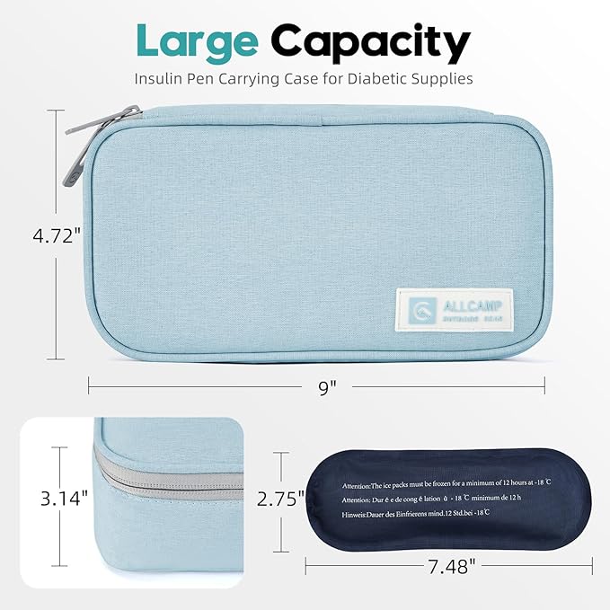 ALLCAMP Insulin Cooler Travel Case - Large Medical Bag with 4 Reusable Ice Packs, Compact & Lightweight Design for Insulin Pens, Diabetic Supplies Storage - Great for Daily Use and Travel (Light Blue)