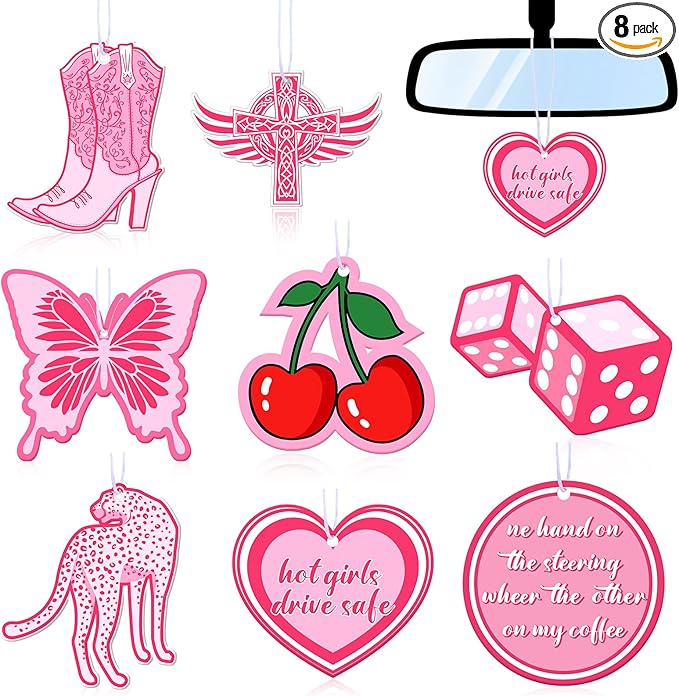 Tallew 8 Pcs Scented Pink Car Freshies Hanging Air Freshener Pink Car Freshener Slice Pendant Scented Diffuser for Interior Air Accessories Home Gift Supplies(Cherry)