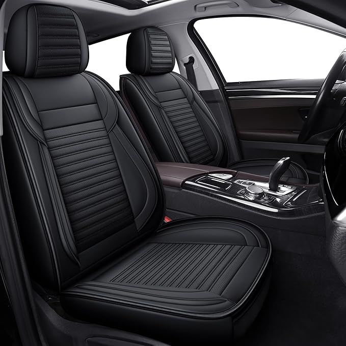 LINGVIDO Front Car Seat Covers, Faux Nappa Leather, Airbag Compatible and Waterproof Protectors for Sedans SUVs, Breathable Anti-Slip Interior for Commuters and Rideshare, Black