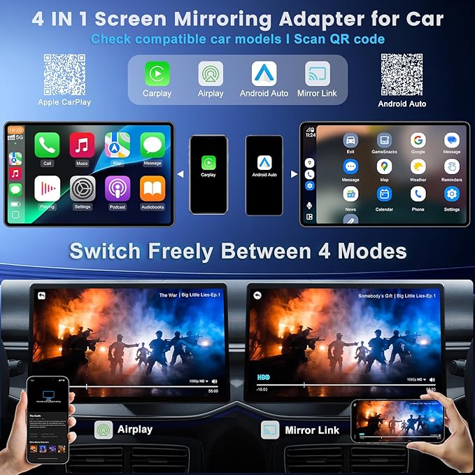 4-in-1 Screen Mirroring Adapter for Car – Mirror Phone to Car Screen (iPhone & Android), Wireless CarPlay Adapter with AirPlay & Mirror Link, Stream Videos, Plug & Play, Stable Connection