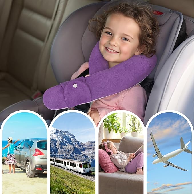 Kids Travel Neck Pillow, Toddler Travel Pillow for Car & Airplane and Head & Chin Support, Comfortably Travel Neck Pillow for Road Trip Sleeping, Gifts for Toddler/Kids (Deep Purple & Light Purple)