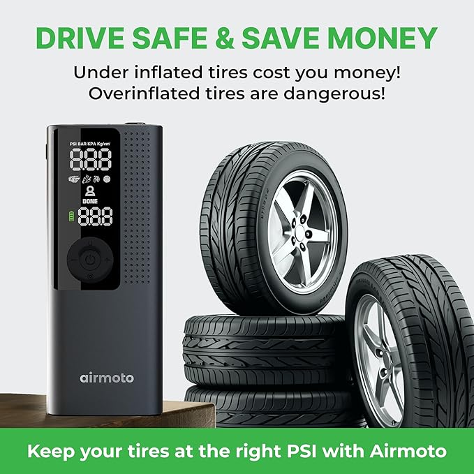 Airmoto Tire Inflator Portable Air Compressor - Air Pump For Car Tires with Digital Pressure Gauge, LED Light and Auto Shut-Off Function - Cordless Pump for Car, Motorcycle, Bicycle, Ball (Pack of 2)