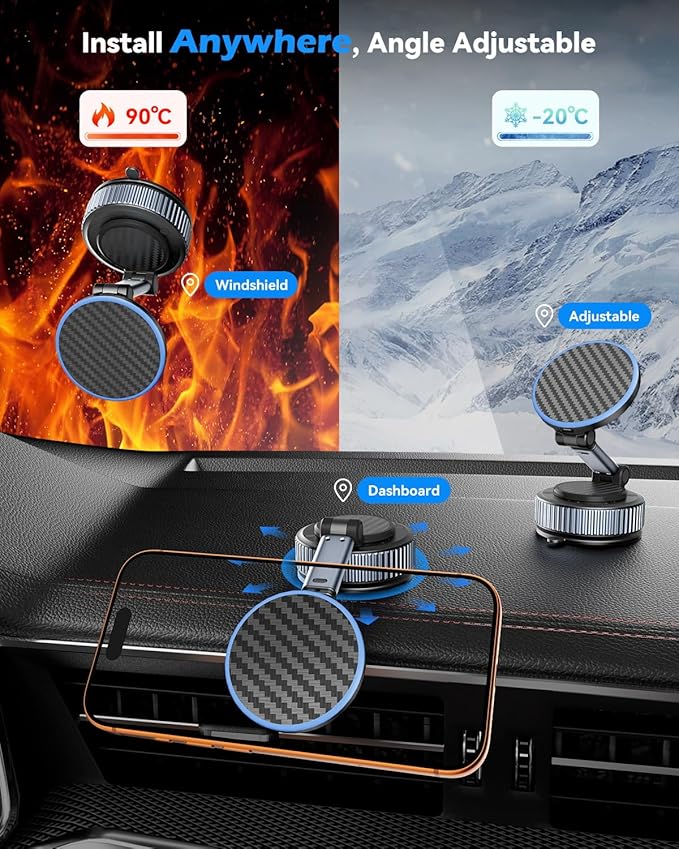 CloudValley 15W Wireless Charger Magnetic Car Mount Phone Holder Carbon Fiber, Dashboard/Windshield 360° Adjustable Stand [Compatible with MagSafe] Wireless Charging Arm for iPhone 17-12 Series