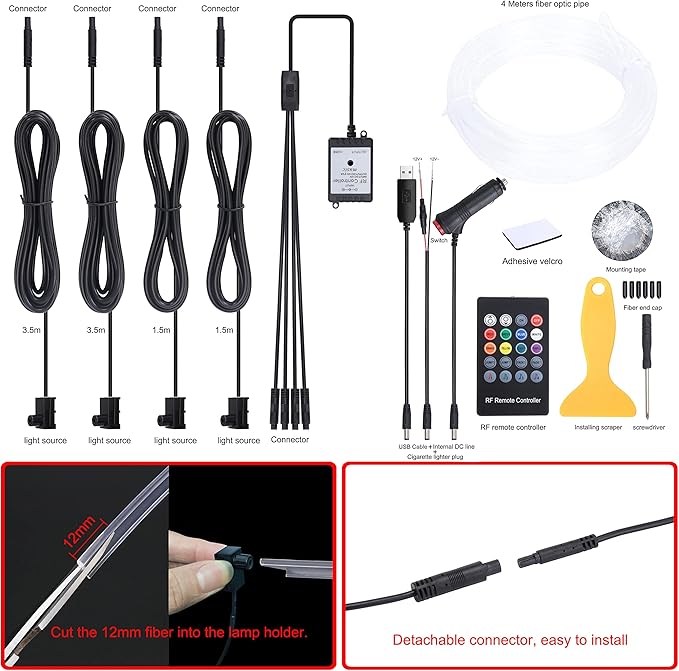 Car Atmosphere Light Kit 4m Fiber Optic RGB Multicolor Sound Active Music Sync Memory Function RF Remote Controller USB Car Interior Ambient Lighting Kit DC 12V