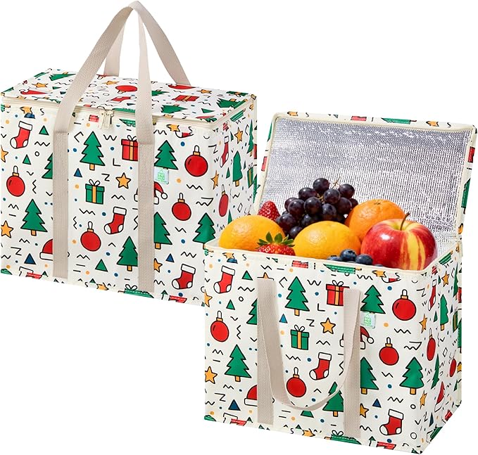VENO 2 Pack Insulated Cooler Bag for Food Delivery, Reusable Grocery Shopping Bag, Heavy Duty, Large Size, Durable Handles, Double Zippers, Lid, Collapsible (Jingle Mix, 2 Pack)