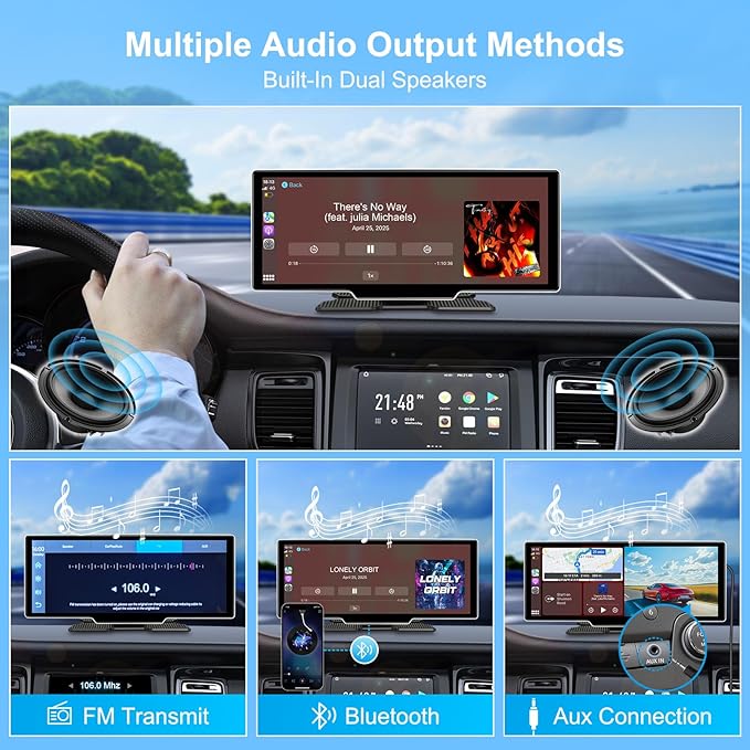 10.26" Wireless Carplay Screen for Car with 4K Dash Cam | Portable Car Play & Android Auto Touch Screen, 1080p Backup Camera, Mirror Link, Voice Control, GPS Navigation | for All Cars