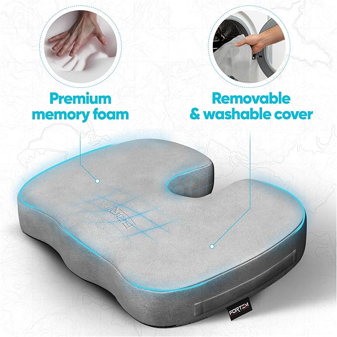 FORTEM Seat Cushion, Office Chair Cushion, Desk Chair Memory Foam, Sciatica Coccyx Tailbone Pain Relief, Pressure Relief, Sitting Pad, for Long Gaming & Sitting, Washable Cover, Non Slip, XL