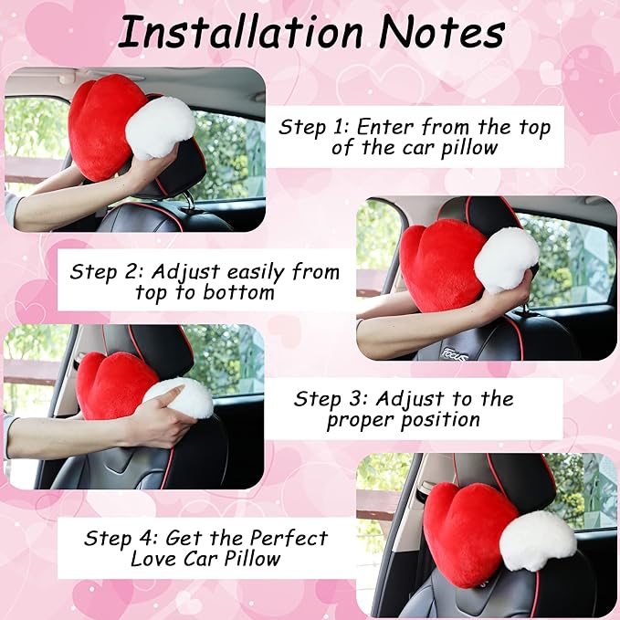 2 Pack Heart Shaped Cute Car Headrest Pillow with Angel Wings - Comfortable Soft Head Rest Cushion Kawaii Car Accessories Neck Pillow for Driving Travelling Office Home Decor - Black Love Heart