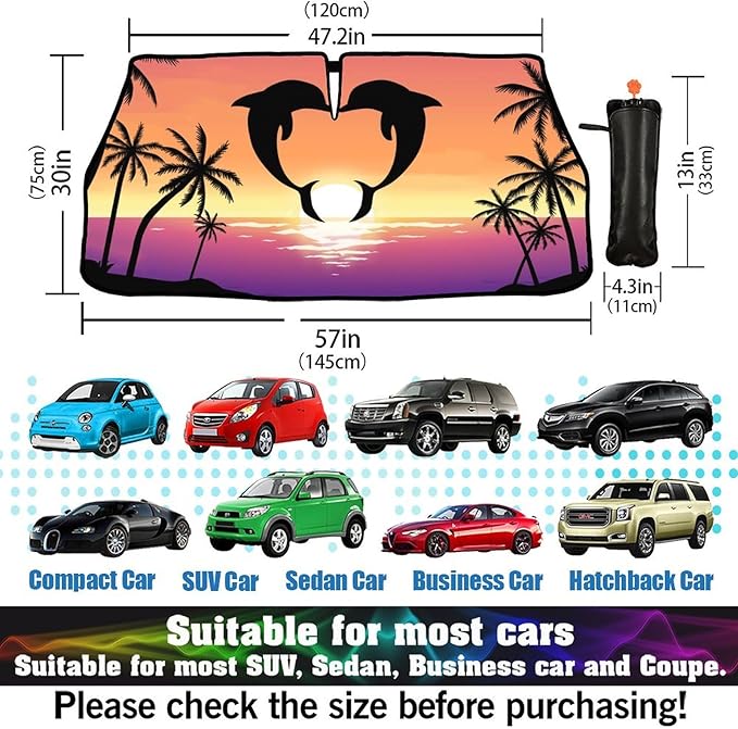 CHILL·TEK Funny Animal Car Windshield Sun Shade Umbrella, Dolphin Love Car Sun Shade Umbrella, Block UV Rays Heat Foldable Windshield Umbrella Sun Visor Protector - Keep Vehicle Cool for Cars SUV