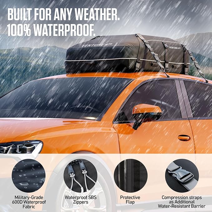 VENTURE 4TH Car Rooftop Cargo Carrier – 21 Cubic Feet Soft-Shell Waterproof Roof Bag with 10 Heavy-Duty Compression & Tie-Down Straps, Anti-Slip Mat & Door Hooks – Fits Cars with or Without Roof Rack