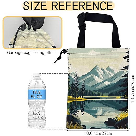 Mountain Lake Car Trash Bag,Forest Tree Strap Drawstring Car Garbage Bags,Car Back Seat Organizer with Adjustable Buckle for Car Accessories