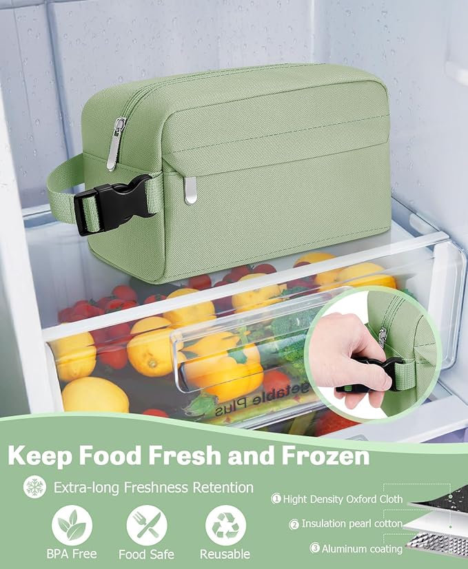 Small Insulated Snack Bag Lunch Bag for Kids Lunch Box for Women/Men, Collapsible [3L/5-Can] Reusable Lunch Bag Cooler Bag for Bottle with Handle Buckle for Work School Travel (Green)