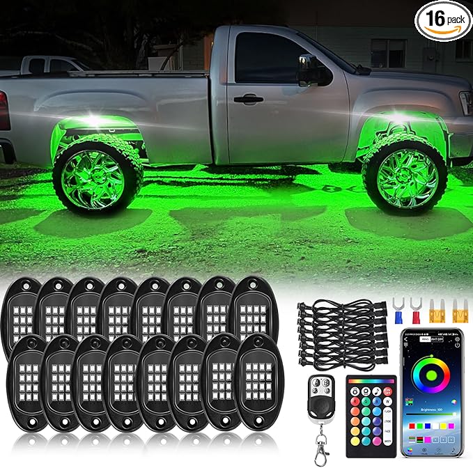 16Pods RGB LED Rock Lights Kit with APP/RF Remote Control Dual Zone Brake, Car Underglow Lights Multicolor Neon Underbody Light for Trucks Pickup Jeep Golf Cart SXS ATV UTV Off Road 12V