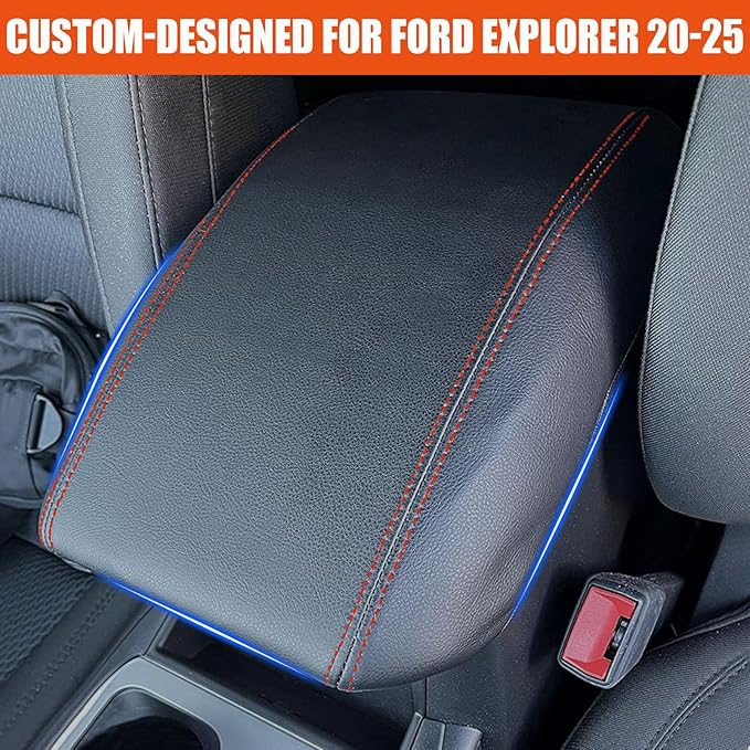 Center Console Cover for 2020-2025 Ford Explorer - Armrest Cover Middle Console Cover Durable Dog Scratch Proof for Explorer Interior Accessories 2025 2024 2023 2022 2021 2020 (Red Stitch