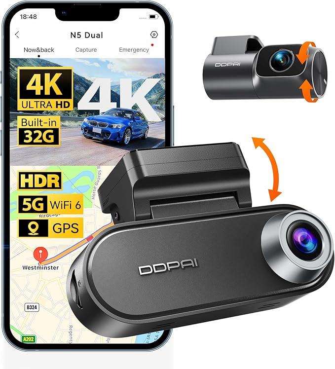 DDPAI 4K Dash Cam Front and Rear, 2160P+1080P Car Dash Camera, GPS 5G WiFi Dashcam for Cars, Free eMMC 32G Dual Storage Support 512G,Radar Motion Detection,Night Vision,72 Hour Parking Mode, N5 Dual