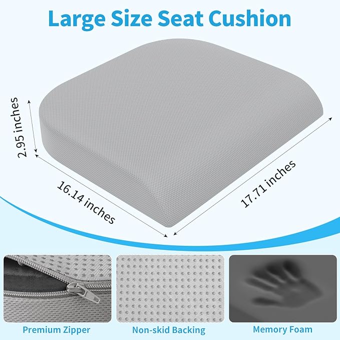 Large Seat Cushion, Memory Foam Cushion for Long Sitting Hours on Office Chair, Home & Car, Non-Slip Chair Pad for Relieving Back & Sciatica & Hip & Coccyx Pain (Light Grey)