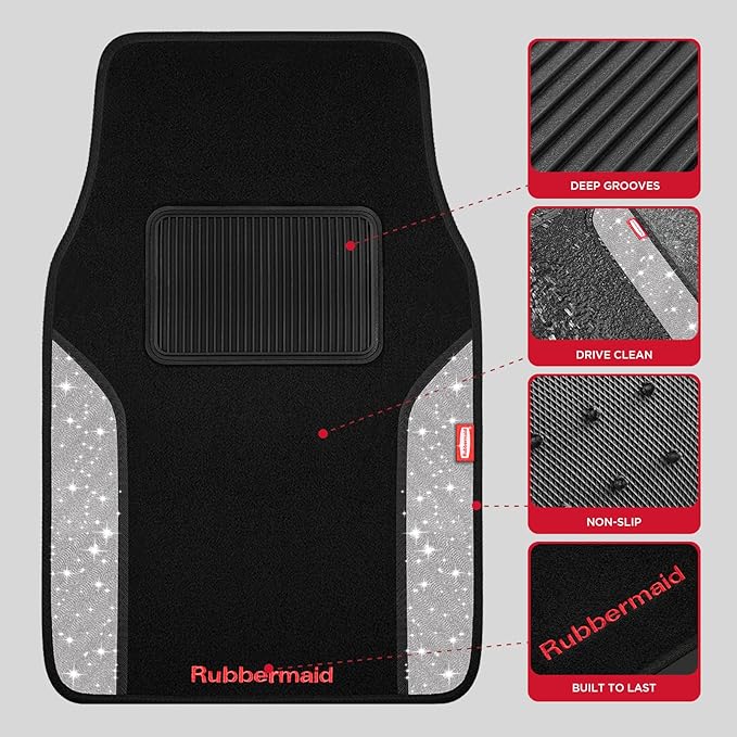 Rubbermaid Bling Car Mats, Carpeted Floor Car Mat with Faux Leather & Built-in Heel Pad, Two-Tone Car Rug Floor Mats, Stylish Carpeted Floor Mats for Cars, Trucks & SUVs Glitter Sliver Color