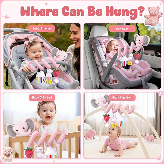 Spiral Car Seat Toys for Baby Girls 0-6 Months, Cute Pink Elephant Strawberry Stuff, Perfect Newborn Shower Gifts for Girls Essentials