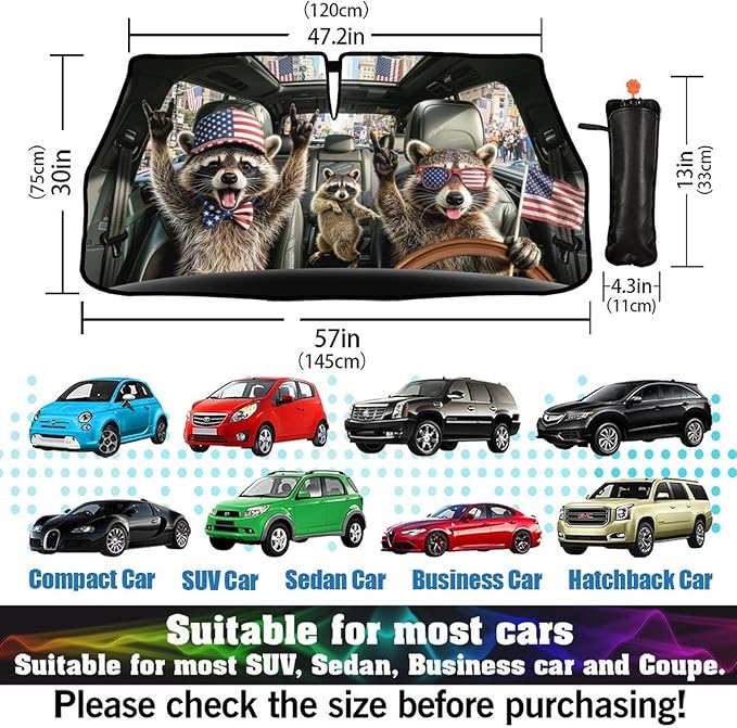 Funny Rocking Raccoon Print Car Sunshade Umbrella Funny Rocking Raccoon Windshield Sun Shade for Car Retractable Umbrella Sunshades for Front Window Sun Shades Cover Visor Portector Block UV Rays