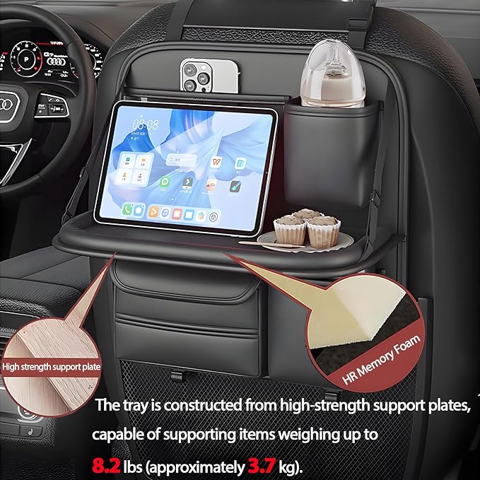 Universal Premium Leather Foldable Car Backseat Organizer with Table Tray, Seat Back Protector with Touch Screen Pad Phone Holder, Car Storage Pockets Tissue Holder with School Bags Hooks
