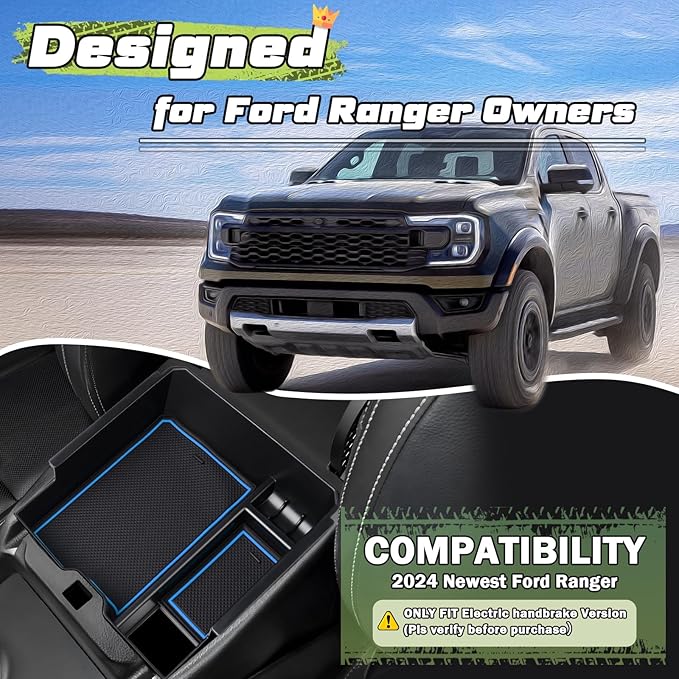 Sunsdrew Center Console Organizer Compatible with 2024-2025 Ford Ranger, Armrest Storage Box Insert with 2 Color Mats, Ford Ranger Accessories - ONLY FIT Electric Handbrake Version