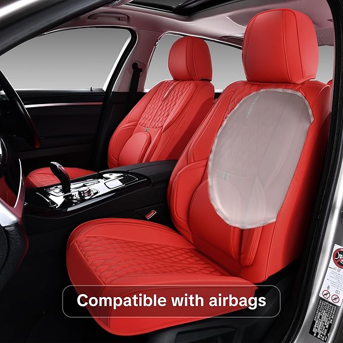 Red Car Seat Cover Full Set , Universal Car Seat Cover for Car with Lumbar Support, Premium Faux Leather, Waterproof and Easy to Clean, Airbag Compatible, Suitable for SUV, Pickup Trucks, Sedans