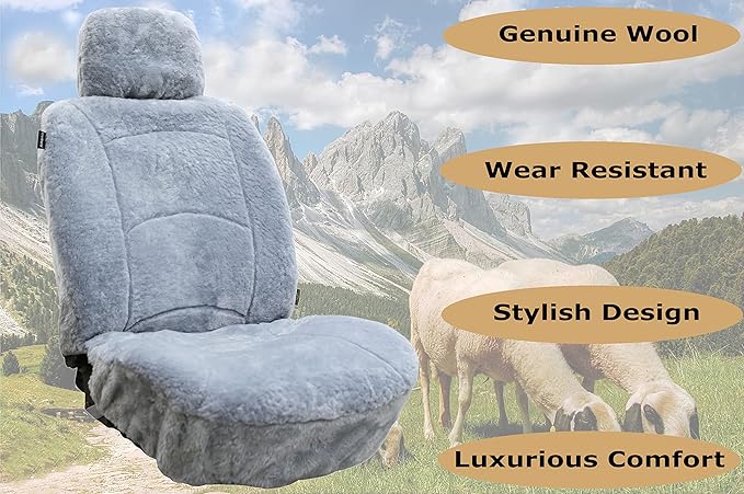 Genuine Sheepskin Seat Cover Lambskin Seat Cover Winter Car Seat Cover Lambs Wool Sheep Skin Fuzzy Shearling Car Accessories Front with Curve Patten (Light Gray Color)