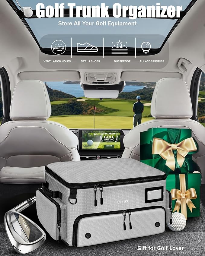 LOINTET Golf Trunk Organizer, Waterproof Car Golf Locker with Separate Ventilated Compartment for 2 Pair Shoes, Golf Storage for Balls, Tees, Cap, Clothes, Gloves, Accessories, Gifts for Men, Women