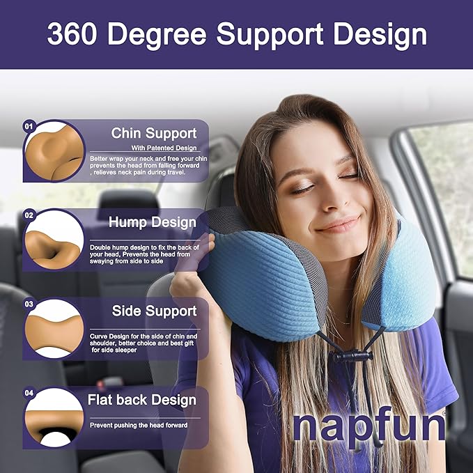 napfun Neck Pillow for Traveling, Upgraded Travel Neck Pillow for Airplane 100% Pure Memory Foam Travel Pillow for Flight Headrest Sleep, Portable Plane Accessories, Sky Blue Striped Kit