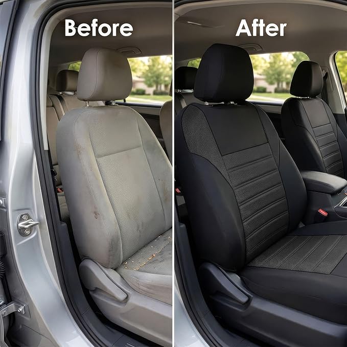 FH Group Automotive Car Seat Covers Full Set Premium 3D Air Mesh Front Seat Covers, Airbag Compatible & Split Bench Cover Universal Fit Interior Accessories for Cars Trucks and SUVs - Black