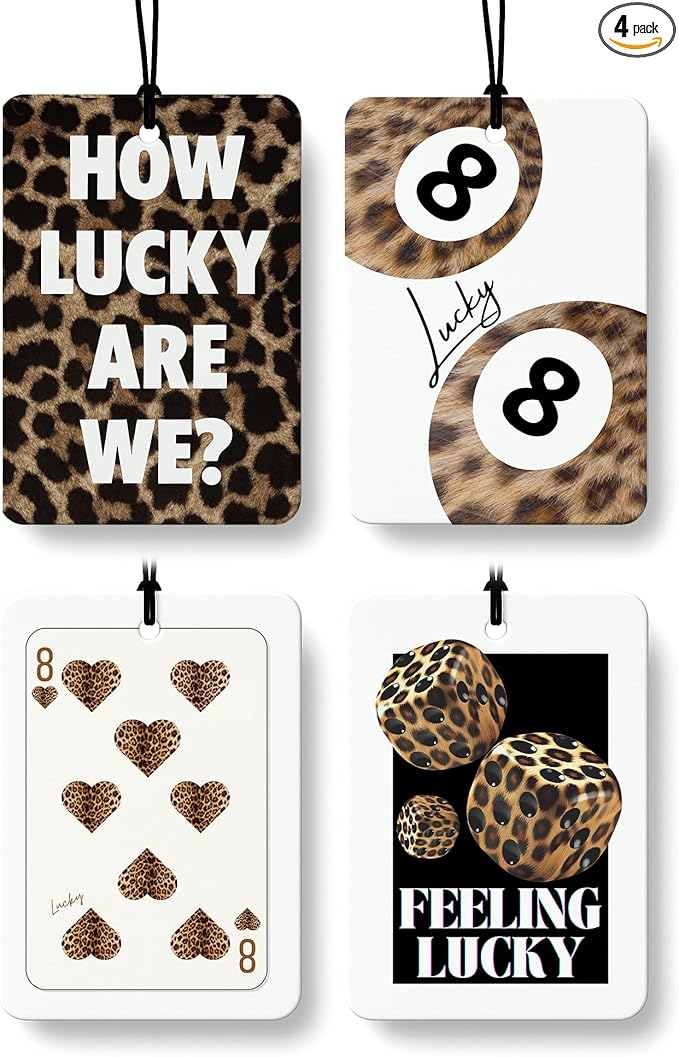 Trendy Leopard Cologne Car Air Freshener 4 Pcs, Funky Cheetah Print Lucky 8 Ball Poker Dice Hanging Air Freshener for Cars Bathroom Dorm Books Decor, Cute Accessories Gifts for Women Girls
