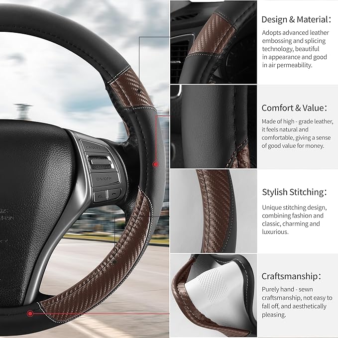 Non-Slip Car Nappa Leather Steering Wheel Cover,Universal Car Accessories Women Men Fit 14" 1/2-15" Suvs/Vans/Sedans/Cars/Trucks,Brown