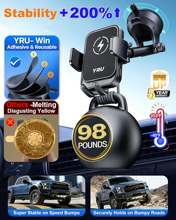 YRU [True Military-Grade] Wireless Car Charger Mount, 15W Charging Auto Clamping Car Phone Holder [98+LBS Strong] Dashboard Windshield Vent Cellphone Holder for iPhone 17 16 15 Pro Max Samsung, Black