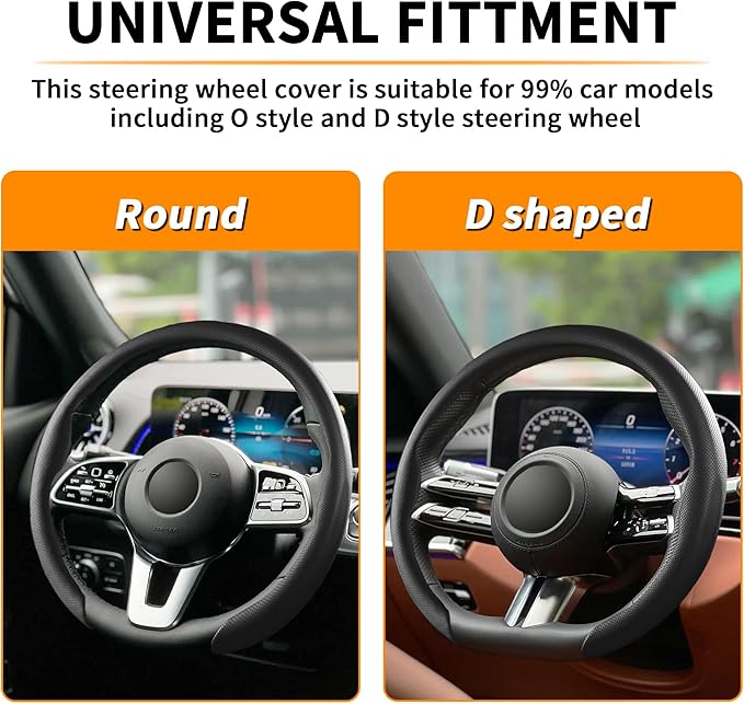 Nappa Leather Steering Wheel Cover, Universal 15 Inch Snap On Car Steering Wheel Cover for Men/Women, Comfortable & Breathable Microfiber Car Accessories Interior (Black)