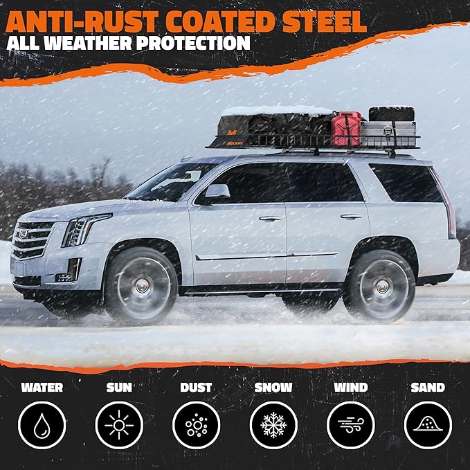 Mockins 90"x50"x6" XXL Heavy Duty Roof Rack Cargo Carrier for Top of Vehicle Storage | 250 Lbs. Cap Steel Car Roof Basket Set w/Straps | All-Weather Rooftop Cargo Carrier for SUV, RV & Large Vehicles