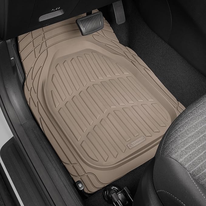 CARBELLA Heavy Duty Rubber 4-Piece Beige Car Floor Mats - Universal Trimmable All-Weather Car Accessories - Girl Car Accessories for Women & Cute Car Mats for Women for Girly Car Decor, Truck, & SUV