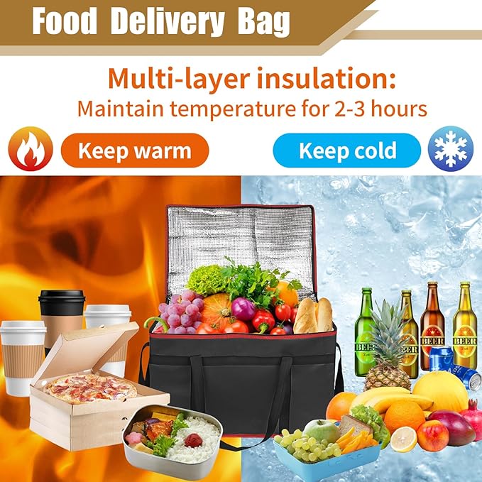 PEASUG Insulated Bags for Food Delivery, XXXL Pizza Delivery Bags, Large Capacity Cooler Bag Keep Food Warm for Grocery Shopping and Catering, Foldable, Heavy-Duty (Red)