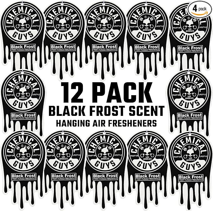 Chemical Guys Car Fresheners, Hanging Air Freshener, Black Frost Scent 12 Pack, Great for Cars, Trucks, SUVs, RVs, Home, Garage, Workspace, Dorm Room & More (4 x 3 Packs)