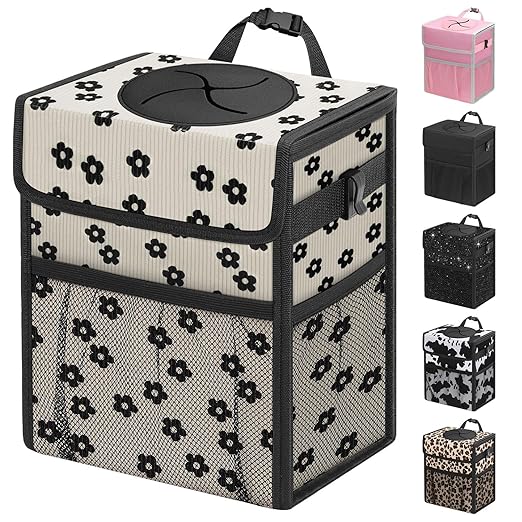 Capolo Car Trash Can with Lid, Leakproof Car Trash Bag Hanging Waterproof Automotive Garbage Can with Storage Pockets Mini Vehicle Trash Bin for Back/Front Seat(Black Flower,2.5 Gallon)