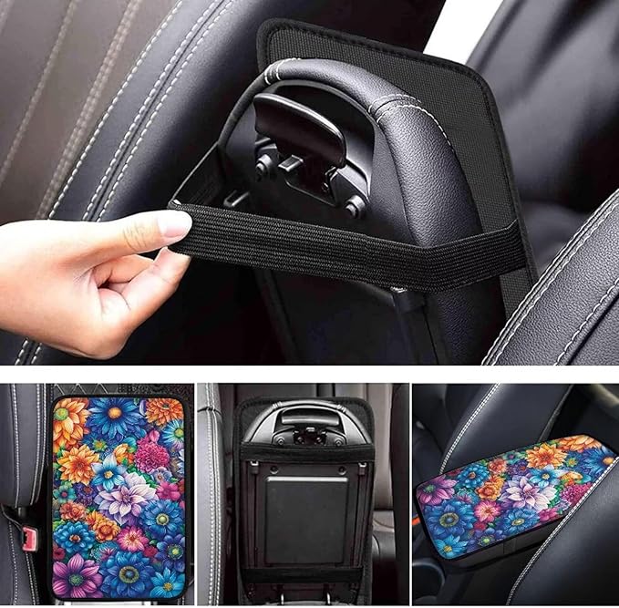 Boho Mandala Flower Car Center Console Armrest Cover Boho Car Accessories Dust-Proof Auto Armrest Box Cover Center Console Pad for Truck Sedan SUV, Easy to Install