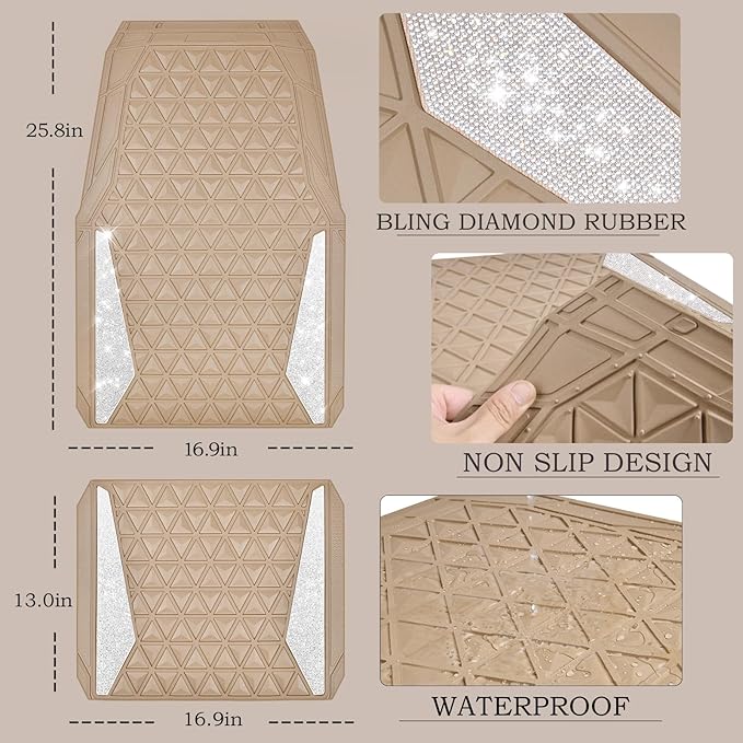CAR PASS Bling Diamond Car Mats Rubber Floor Mats Full Set Anti-Slip 3D Rhombus Waterproof Trim to Fit Liner Universal Glitter Crystal Sparkly Shining Rhinestone Girl Women SUV Sedan Van, Beige Rubber