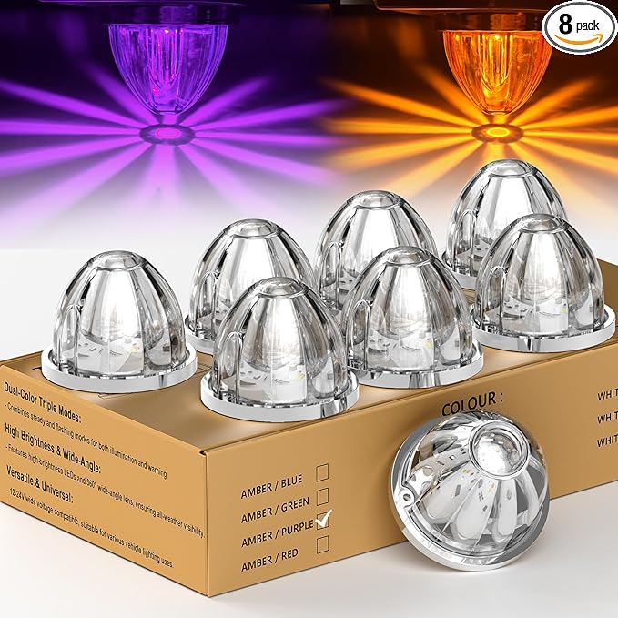 8-Pack Dual Color Watermelon Lights LED Strobe & Steady Cab Roof Clearance Marker Warning Lights Amber Purple Side Marker Lamp with Bezel for Truck Trailer RV Off-Road Vehicle