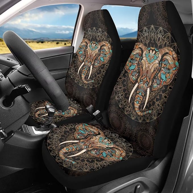 Bohemian Elephant Print Car Accessories Women Men Front Seat Cover Set Stretchy Saddle Blanket Auto Bucket Seat Protectors, Car Interior Automotive