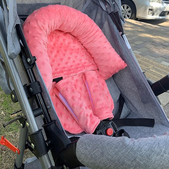 Baby Infant Head and Neck Support Pillow with Seat Belt for Car Seat -Extra Soft 3-in-1 Toddler Car Seat Insert Pad for Car Seats Water Pink
