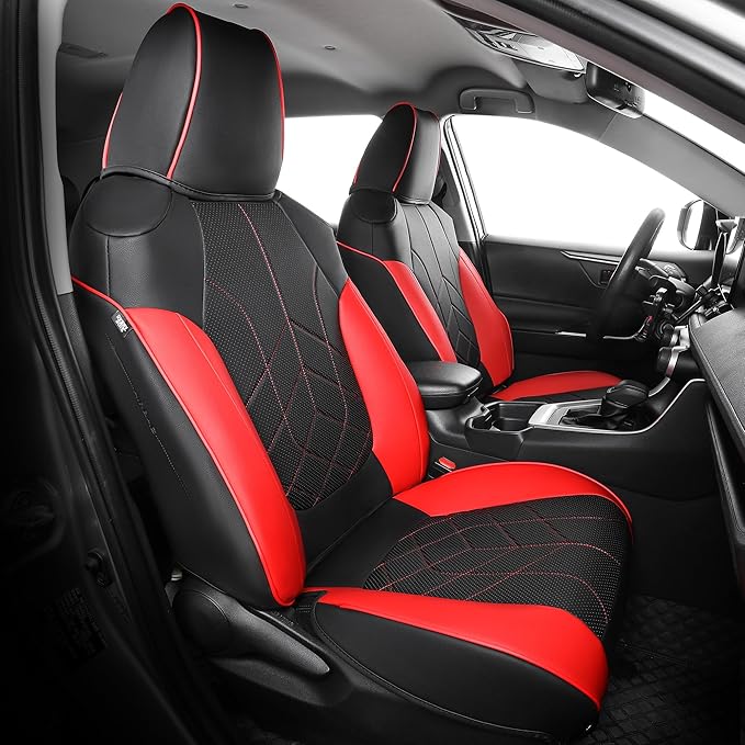 for Toyota RAV4 Seat Covers 2019 2020 2021 2022 2023 2024 2025 RAV 4 Prime & Hybrid XLE LE Limited XLE Premium (Not for XSE/SE Hybrid) - Custom Leather Car Seat Covers Full Set - BlackRed