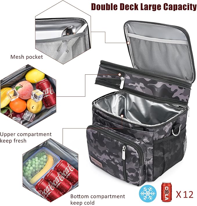 MIYCOO Lunch Bag & Lunch Box for Men Women, Double Deck Leakproof Insulated Soft Large Adult Camping Cooler bag for Work, Beach, Picnic, Travel (Black Camo, 15L)